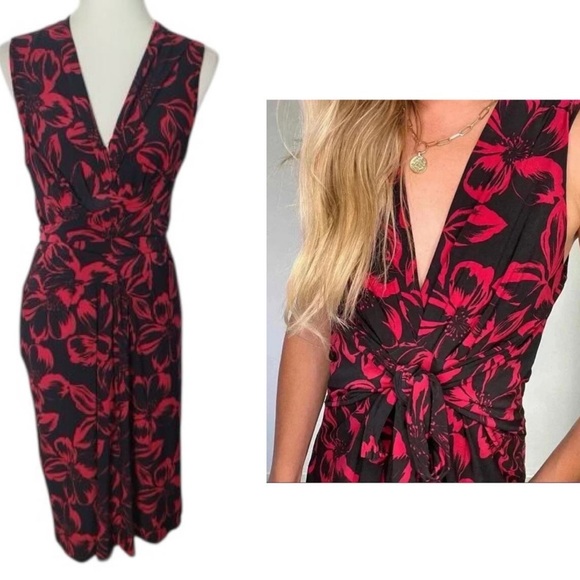 NORMA KAMALI Faux Wrap Knee Length Floral Sleevelesss Dress in Red Black Sz. L - Picture 1 of 12